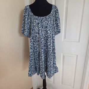 Floral Blue Dress Cottagecore Boho Milkmaid Elastic Top Flowy Size XL